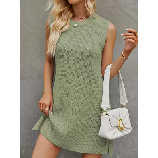 Solid Color Split-Side Tied Waist A-Line Loose Round-Neck Sweater Dresses Mini Dresses Solid Color Split-Side Tied Waist A-Line Loose Round-Neck Sweater Dresses Mini Dresses