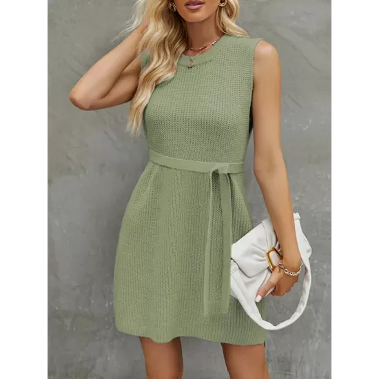 Solid Color Split-Side Tied Waist A-Line Loose Round-Neck Sweater Dresses Mini Dresses Solid Color Split-Side Tied Waist A-Line Loose Round-Neck Sweater Dresses Mini Dresses