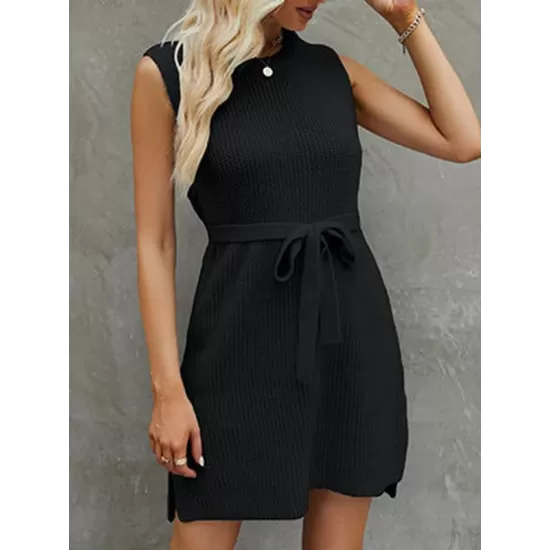 Solid Color Split-Side Tied Waist A-Line Loose Round-Neck Sweater Dresses Mini Dresses Solid Color Split-Side Tied Waist A-Line Loose Round-Neck Sweater Dresses Mini Dresses