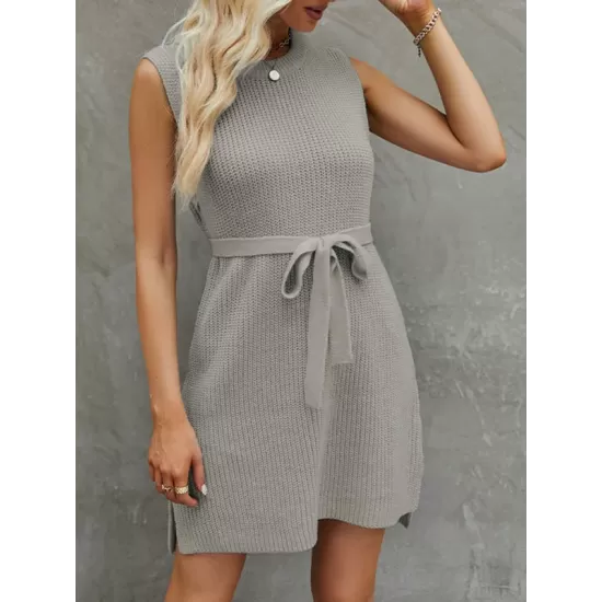 Solid Color Split-Side Tied Waist A-Line Loose Round-Neck Sweater Dresses Mini Dresses Solid Color Split-Side Tied Waist A-Line Loose Round-Neck Sweater Dresses Mini Dresses