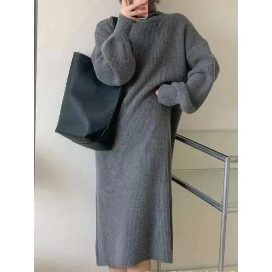 Solid Color Long Sleeves Loose High Neck Sweater Dresses Midi Dresses Solid Color Long Sleeves Loose High Neck Sweater Dresses Midi Dresses
