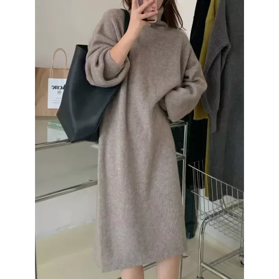 Solid Color Long Sleeves Loose High Neck Sweater Dresses Midi Dresses Solid Color Long Sleeves Loose High Neck Sweater Dresses Midi Dresses