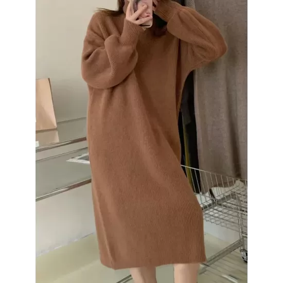 Solid Color Long Sleeves Loose High Neck Sweater Dresses Midi Dresses Solid Color Long Sleeves Loose High Neck Sweater Dresses Midi Dresses