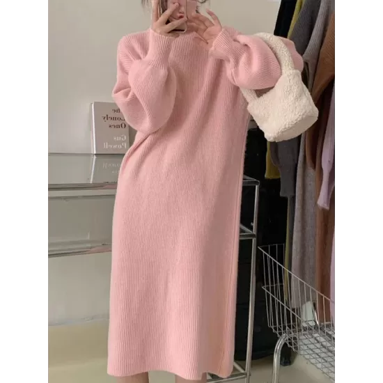 Solid Color Long Sleeves Loose High Neck Sweater Dresses Midi Dresses Solid Color Long Sleeves Loose High Neck Sweater Dresses Midi Dresses