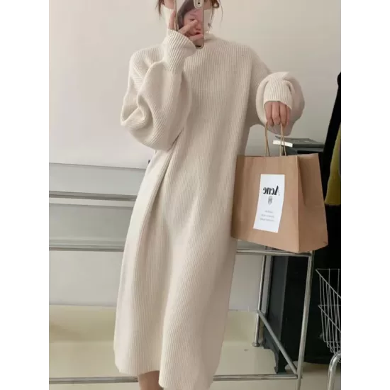 Solid Color Long Sleeves Loose High Neck Sweater Dresses Midi Dresses Solid Color Long Sleeves Loose High Neck Sweater Dresses Midi Dresses