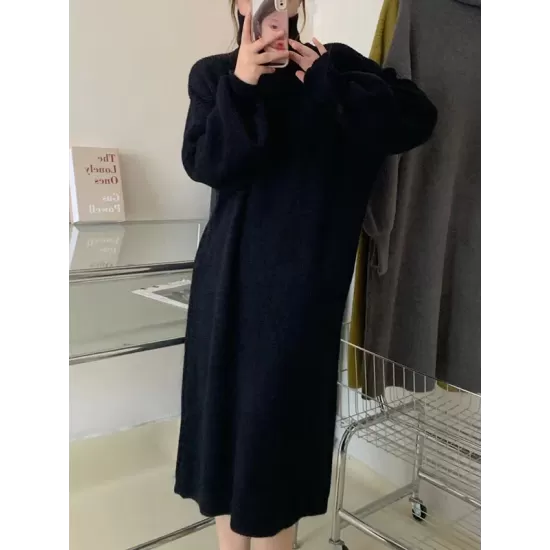 Solid Color Long Sleeves Loose High Neck Sweater Dresses Midi Dresses Solid Color Long Sleeves Loose High Neck Sweater Dresses Midi Dresses