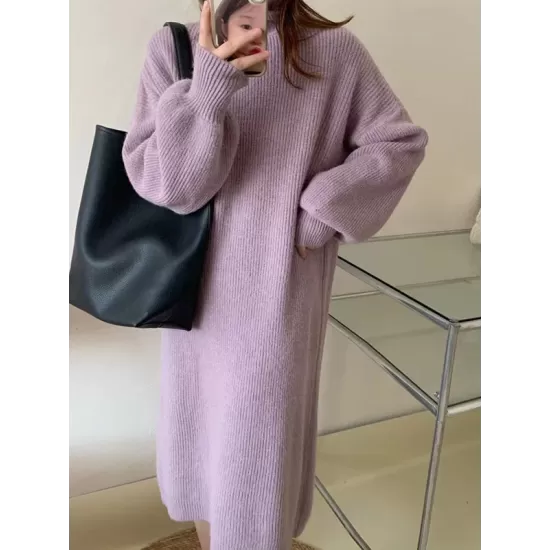 Solid Color Long Sleeves Loose High Neck Sweater Dresses Midi Dresses Solid Color Long Sleeves Loose High Neck Sweater Dresses Midi Dresses