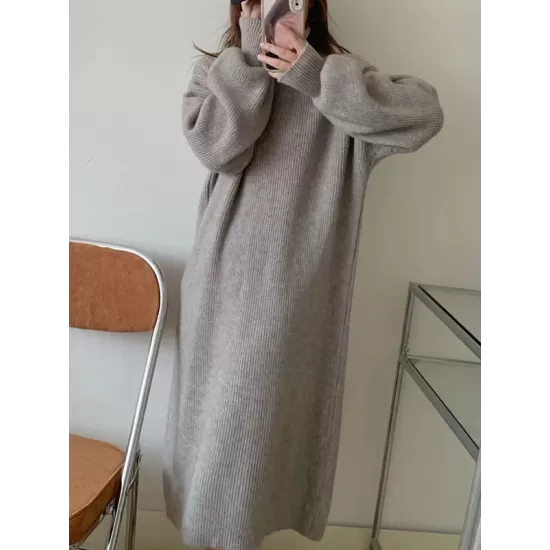 Solid Color Long Sleeves Loose High Neck Sweater Dresses Midi Dresses Solid Color Long Sleeves Loose High Neck Sweater Dresses Midi Dresses