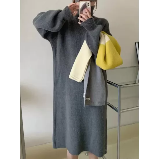 Solid Color Long Sleeves Loose High Neck Sweater Dresses Midi Dresses Solid Color Long Sleeves Loose High Neck Sweater Dresses Midi Dresses