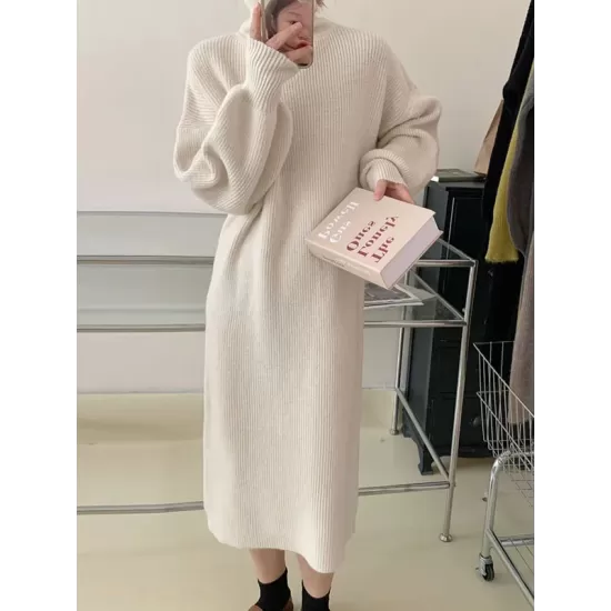 Solid Color Long Sleeves Loose High Neck Sweater Dresses Midi Dresses Solid Color Long Sleeves Loose High Neck Sweater Dresses Midi Dresses