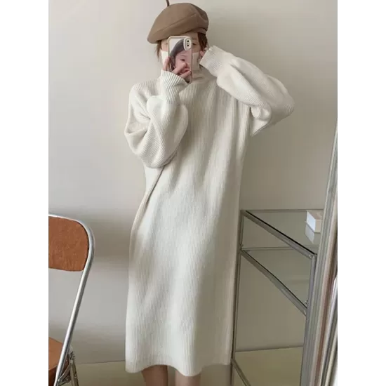 Solid Color Long Sleeves Loose High Neck Sweater Dresses Midi Dresses Solid Color Long Sleeves Loose High Neck Sweater Dresses Midi Dresses