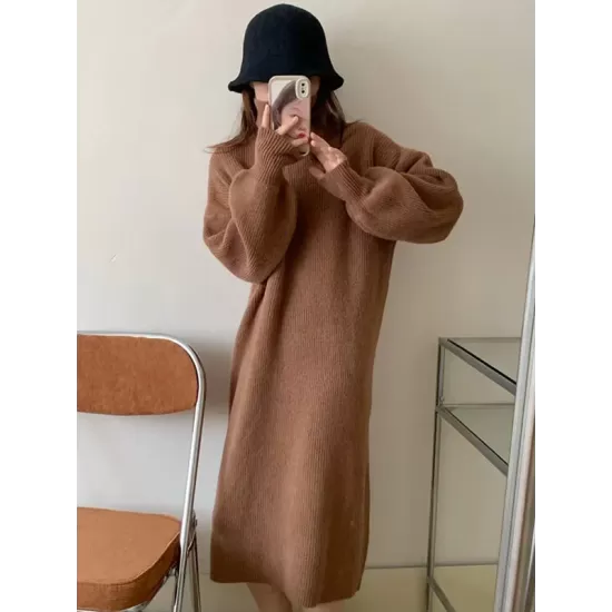Solid Color Long Sleeves Loose High Neck Sweater Dresses Midi Dresses Solid Color Long Sleeves Loose High Neck Sweater Dresses Midi Dresses