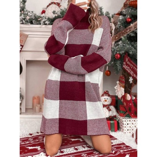 Contrast Color Plaid Long Sleeves Loose High Neck Sweater Dresses Mini Dresses Contrast Color Plaid Long Sleeves Loose High Neck Sweater Dresses Mini Dresses