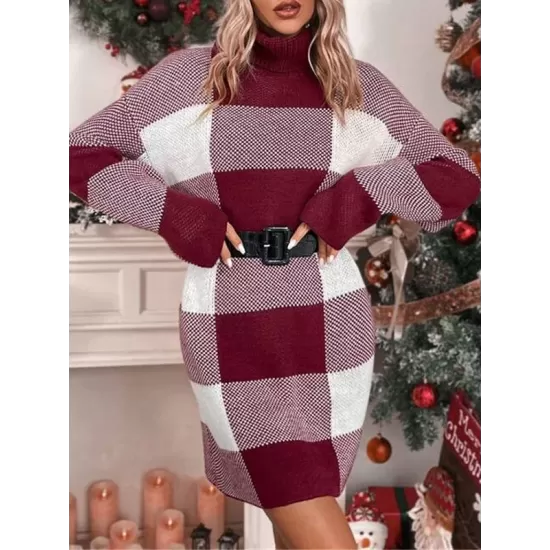 Contrast Color Plaid Long Sleeves Loose High Neck Sweater Dresses Mini Dresses Contrast Color Plaid Long Sleeves Loose High Neck Sweater Dresses Mini Dresses
