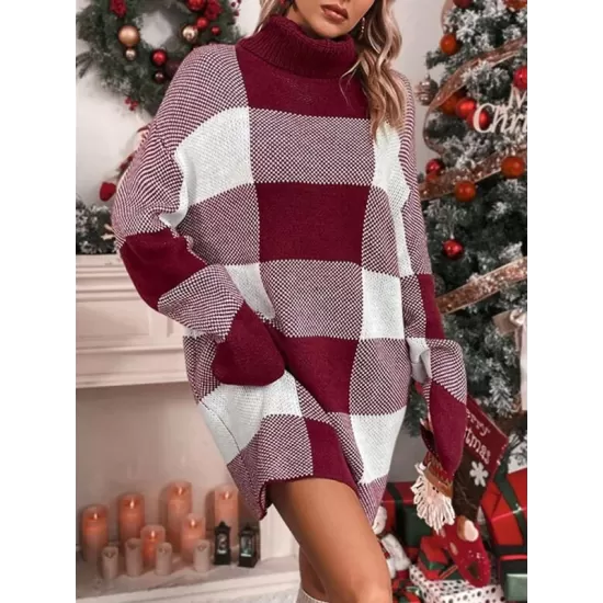 Contrast Color Plaid Long Sleeves Loose High Neck Sweater Dresses Mini Dresses Contrast Color Plaid Long Sleeves Loose High Neck Sweater Dresses Mini Dresses