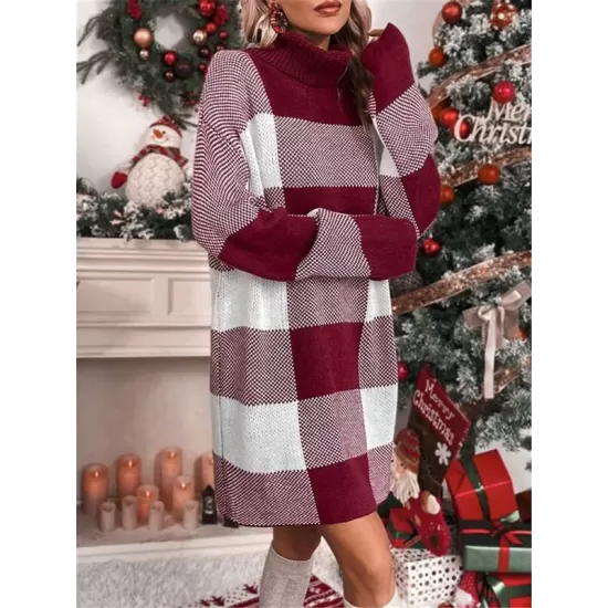 Contrast Color Plaid Long Sleeves Loose High Neck Sweater Dresses Mini Dresses Contrast Color Plaid Long Sleeves Loose High Neck Sweater Dresses Mini Dresses