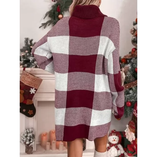 Contrast Color Plaid Long Sleeves Loose High Neck Sweater Dresses Mini Dresses Contrast Color Plaid Long Sleeves Loose High Neck Sweater Dresses Mini Dresses