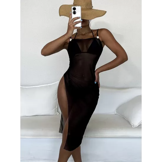 Solid Color See-Through Spaghetti-Neck Cover-Ups Solid Color See-Through Spaghetti-Neck Cover-Ups
