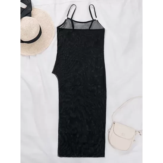 Solid Color See-Through Spaghetti-Neck Cover-Ups Solid Color See-Through Spaghetti-Neck Cover-Ups