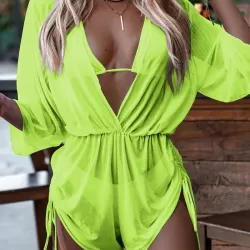 Three Pieces Set Loose Solid Color Padded Halter-Neck Bikini Swimsuit &Cover-Ups Rompers Swimwear