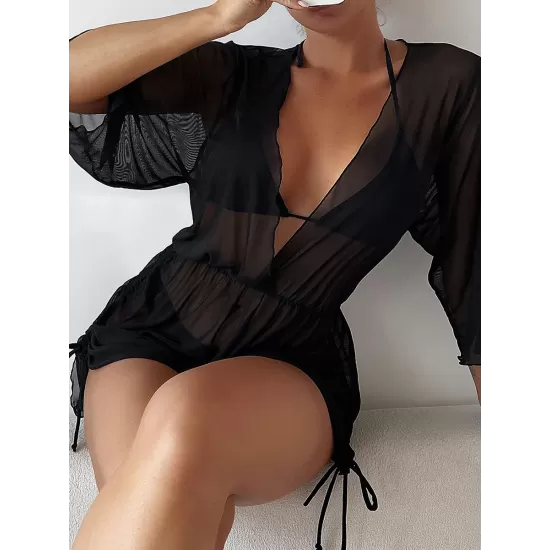 Three Pieces Set Loose Solid Color Padded Halter-Neck Bikini Swimsuit &Cover-Ups Rompers Swimwear Three Pieces Set Loose Solid Color Padded Halter-Neck Bikini Swimsuit &Cover-Ups Rompers Swimwear