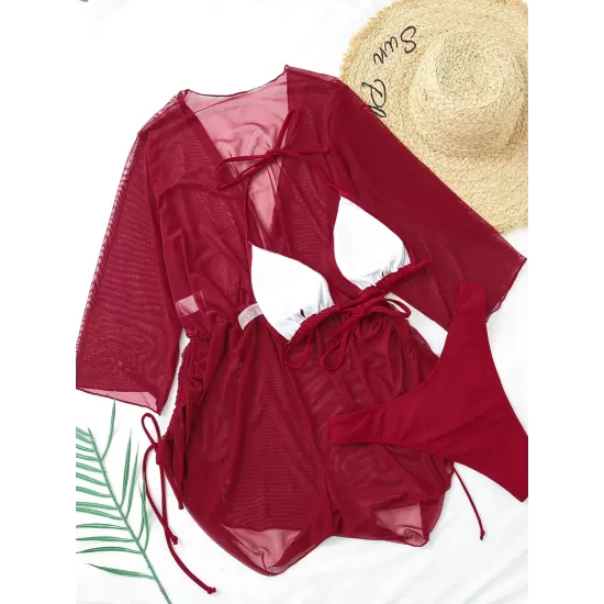 Three Pieces Set Loose Solid Color Padded Halter-Neck Bikini Swimsuit &Cover-Ups Rompers Swimwear Three Pieces Set Loose Solid Color Padded Halter-Neck Bikini Swimsuit &Cover-Ups Rompers Swimwear