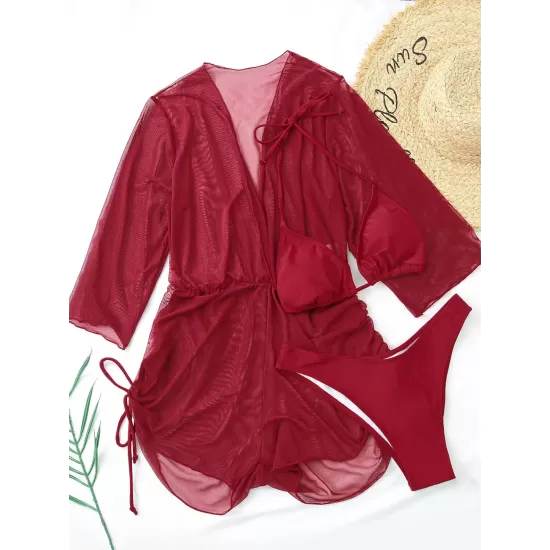 Three Pieces Set Loose Solid Color Padded Halter-Neck Bikini Swimsuit &Cover-Ups Rompers Swimwear Three Pieces Set Loose Solid Color Padded Halter-Neck Bikini Swimsuit &Cover-Ups Rompers Swimwear