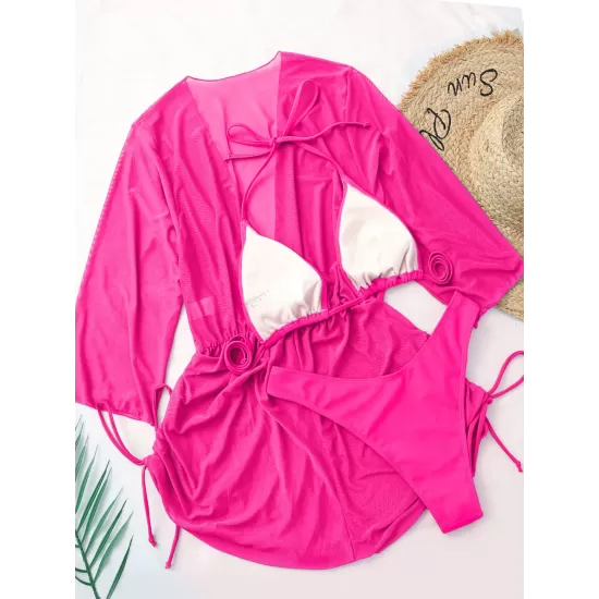 Three Pieces Set Loose Solid Color Padded Halter-Neck Bikini Swimsuit &Cover-Ups Rompers Swimwear Three Pieces Set Loose Solid Color Padded Halter-Neck Bikini Swimsuit &Cover-Ups Rompers Swimwear