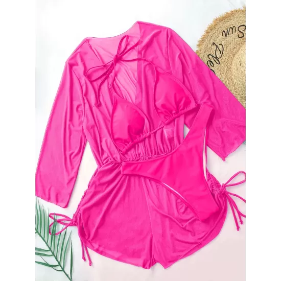 Three Pieces Set Loose Solid Color Padded Halter-Neck Bikini Swimsuit &Cover-Ups Rompers Swimwear Three Pieces Set Loose Solid Color Padded Halter-Neck Bikini Swimsuit &Cover-Ups Rompers Swimwear