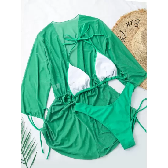 Three Pieces Set Loose Solid Color Padded Halter-Neck Bikini Swimsuit &Cover-Ups Rompers Swimwear Three Pieces Set Loose Solid Color Padded Halter-Neck Bikini Swimsuit &Cover-Ups Rompers Swimwear