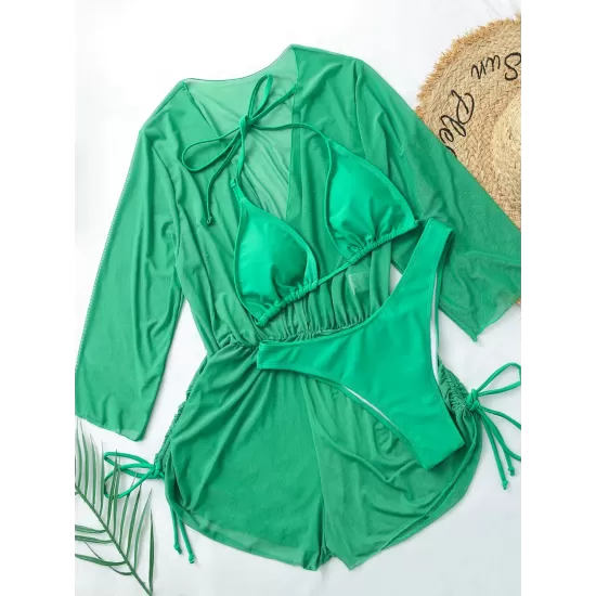 Three Pieces Set Loose Solid Color Padded Halter-Neck Bikini Swimsuit &Cover-Ups Rompers Swimwear Three Pieces Set Loose Solid Color Padded Halter-Neck Bikini Swimsuit &Cover-Ups Rompers Swimwear