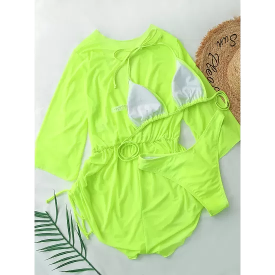 Three Pieces Set Loose Solid Color Padded Halter-Neck Bikini Swimsuit &Cover-Ups Rompers Swimwear Three Pieces Set Loose Solid Color Padded Halter-Neck Bikini Swimsuit &Cover-Ups Rompers Swimwear