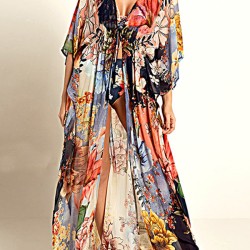 Floral Chiffon Half Sleeve Loose Long Cardigan Cover-Up Swimwear