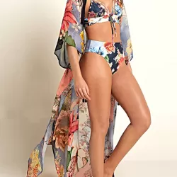 Floral Chiffon Half Sleeve Loose Long Cardigan Cover-Up Swimwear