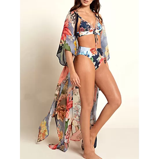 Floral Chiffon Half Sleeve Loose Long Cardigan Cover-Up Swimwear Floral Chiffon Half Sleeve Loose Long Cardigan Cover-Up Swimwear