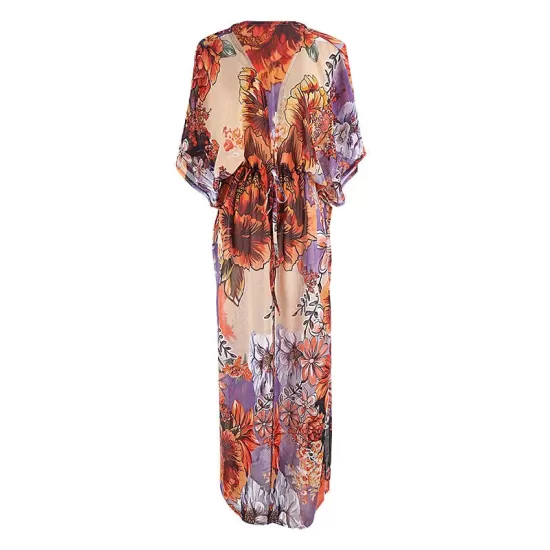 Floral Chiffon Half Sleeve Loose Long Cardigan Cover-Up Swimwear Floral Chiffon Half Sleeve Loose Long Cardigan Cover-Up Swimwear