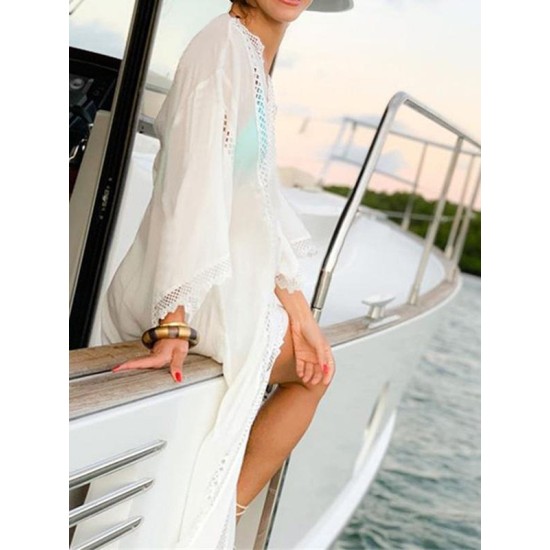 Solid Color Lace Split-Joint Long Sleeve Tunicshang Cover-Ups Solid Color Lace Split-Joint Long Sleeve Tunicshang Cover-Ups