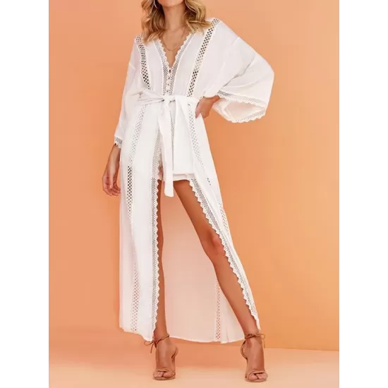 Solid Color Lace Split-Joint Long Sleeve Tunicshang Cover-Ups Solid Color Lace Split-Joint Long Sleeve Tunicshang Cover-Ups