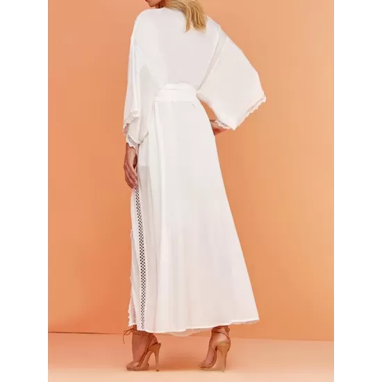 Solid Color Lace Split-Joint Long Sleeve Tunicshang Cover-Ups Solid Color Lace Split-Joint Long Sleeve Tunicshang Cover-Ups