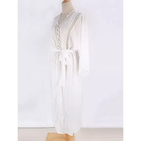 Solid Color Lace Split-Joint Long Sleeve Tunicshang Cover-Ups Solid Color Lace Split-Joint Long Sleeve Tunicshang Cover-Ups