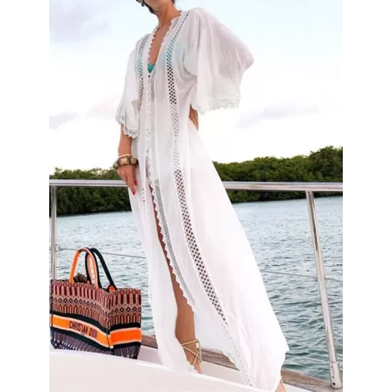 Solid Color Lace Split-Joint Long Sleeve Tunicshang Cover-Ups Solid Color Lace Split-Joint Long Sleeve Tunicshang Cover-Ups