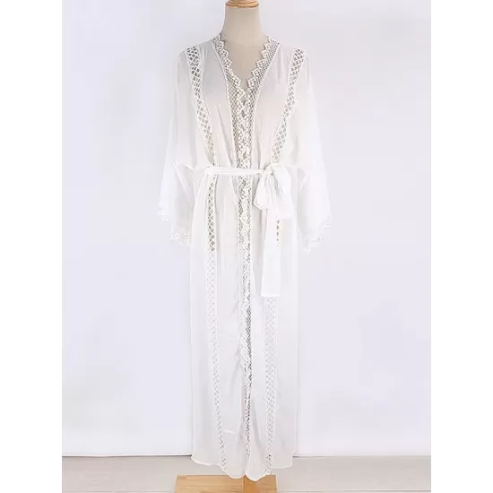 Solid Color Lace Split-Joint Long Sleeve Tunicshang Cover-Ups Solid Color Lace Split-Joint Long Sleeve Tunicshang Cover-Ups
