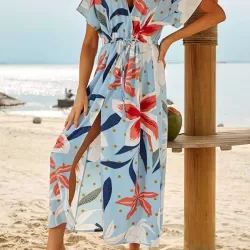 Short Sleeve V-Neck Midi Dress Cover-Up Swimwear