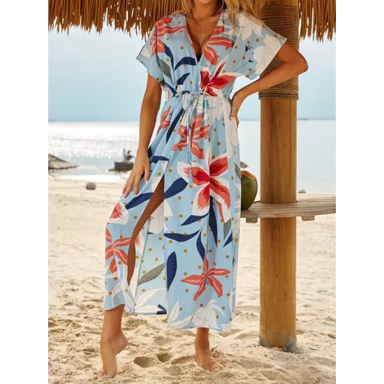 Short Sleeve V-Neck Midi Dress Cover-Up Swimwear Short Sleeve V-Neck Midi Dress Cover-Up Swimwear