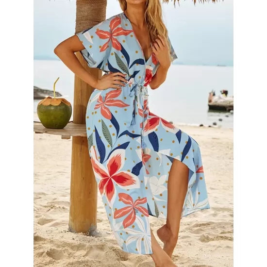 Short Sleeve V-Neck Midi Dress Cover-Up Swimwear Short Sleeve V-Neck Midi Dress Cover-Up Swimwear