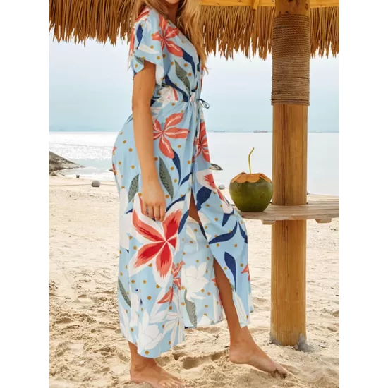 Short Sleeve V-Neck Midi Dress Cover-Up Swimwear Short Sleeve V-Neck Midi Dress Cover-Up Swimwear