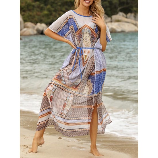 Vintage Print Loose Bat Sleeves See-Through Cover-Ups Tops Vintage Print Loose Bat Sleeves See-Through Cover-Ups Tops