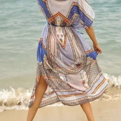 Vintage Print Loose Bat Sleeves See-Through Cover-Ups Tops