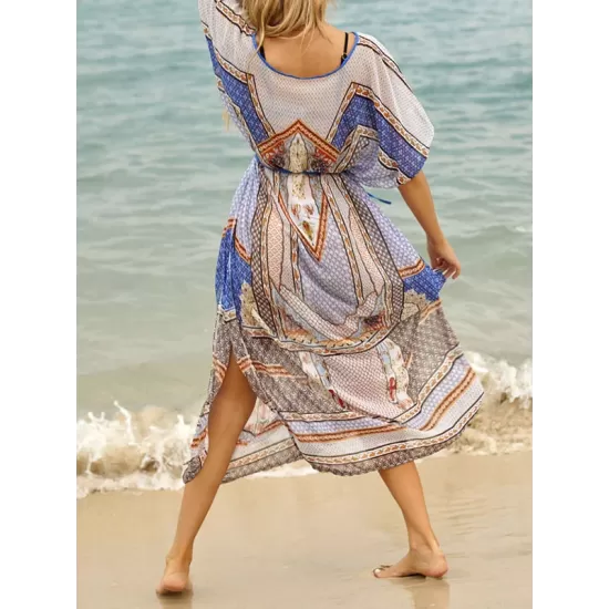 Vintage Print Loose Bat Sleeves See-Through Cover-Ups Tops Vintage Print Loose Bat Sleeves See-Through Cover-Ups Tops