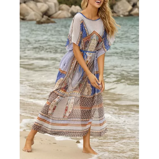 Vintage Print Loose Bat Sleeves See-Through Cover-Ups Tops Vintage Print Loose Bat Sleeves See-Through Cover-Ups Tops